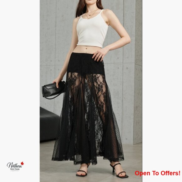 Sheer Lace Maxi Skirt Low Waist Ruffle Hem A Line Flowy - Picture 7 of 7